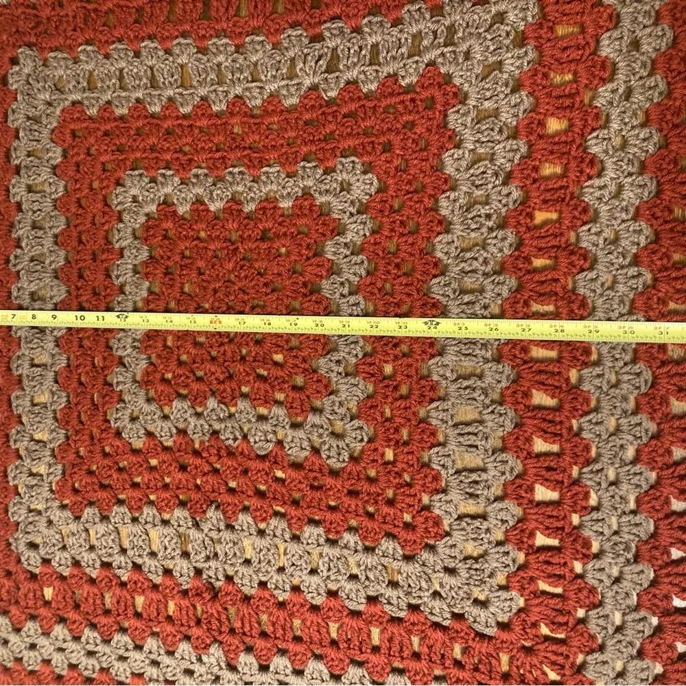 Vintage hand made retro burnt orange and grey knitted crochet granny table cover
